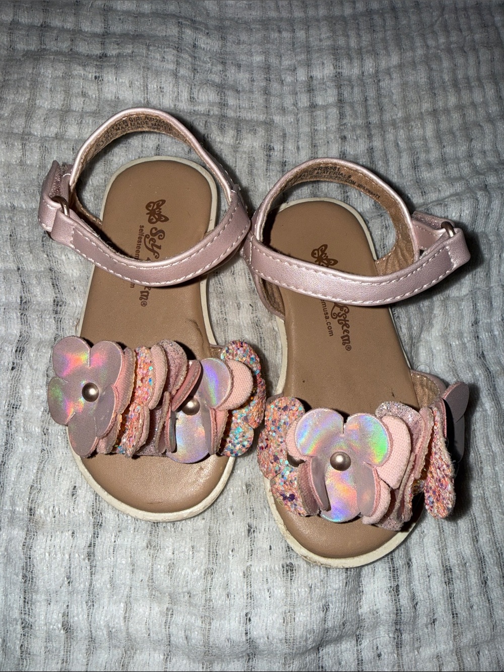 Self Esteem Pink Toddler Sandals with Iridescent Flower Accents